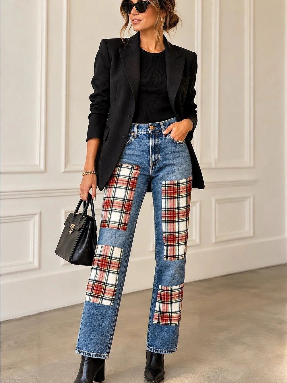 J.Crew Classic Straight Jeans 26 Plaid Patchwork Denim High Rise